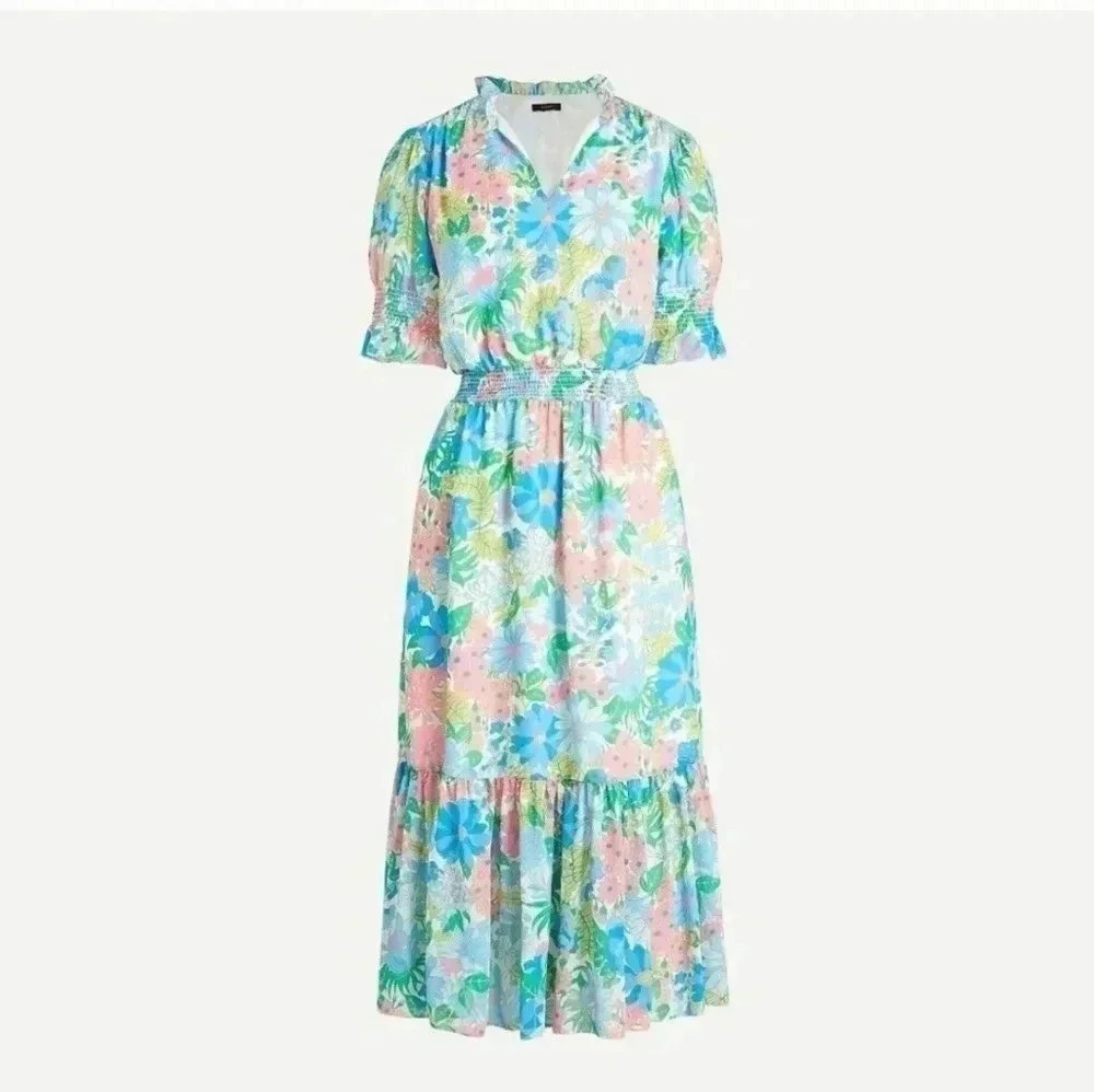J.CREW Smocked Ruffle Fairy Floral Tiered Fully Lined Midi Dress(XS)